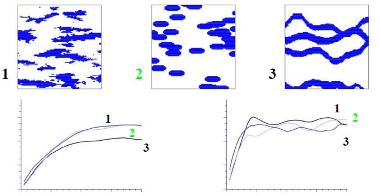 Comparaison des variogrammes expérimentaux obtenus pour trois champs de faciès présentant des structures spatiales clairement distinctes.