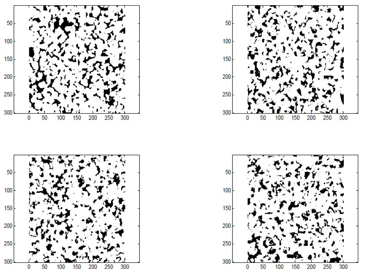 Exemple de simulation plurigaussienne réalisée à partir de deux champs latents gaussiens non corrélés, suivant respectivement des variogrammes sphérique isotrope de portées de 150 pixels et 260 pixels, sur une grille de 500 par 500 pixels.