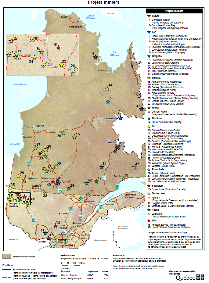 Carte des projets miniers au Québec. Voici les subsances : Cuivre (orange), Fer (bleu), Graphite (gris foncé), Lithium (vert pâle), Nickel (brun), Niobium (vert foncé), Or (jaune), Phosphate (vert fluo), Scandium (bourgogne), Terre rares (rose), Titate (vert fotêt), Zinc (rouge).